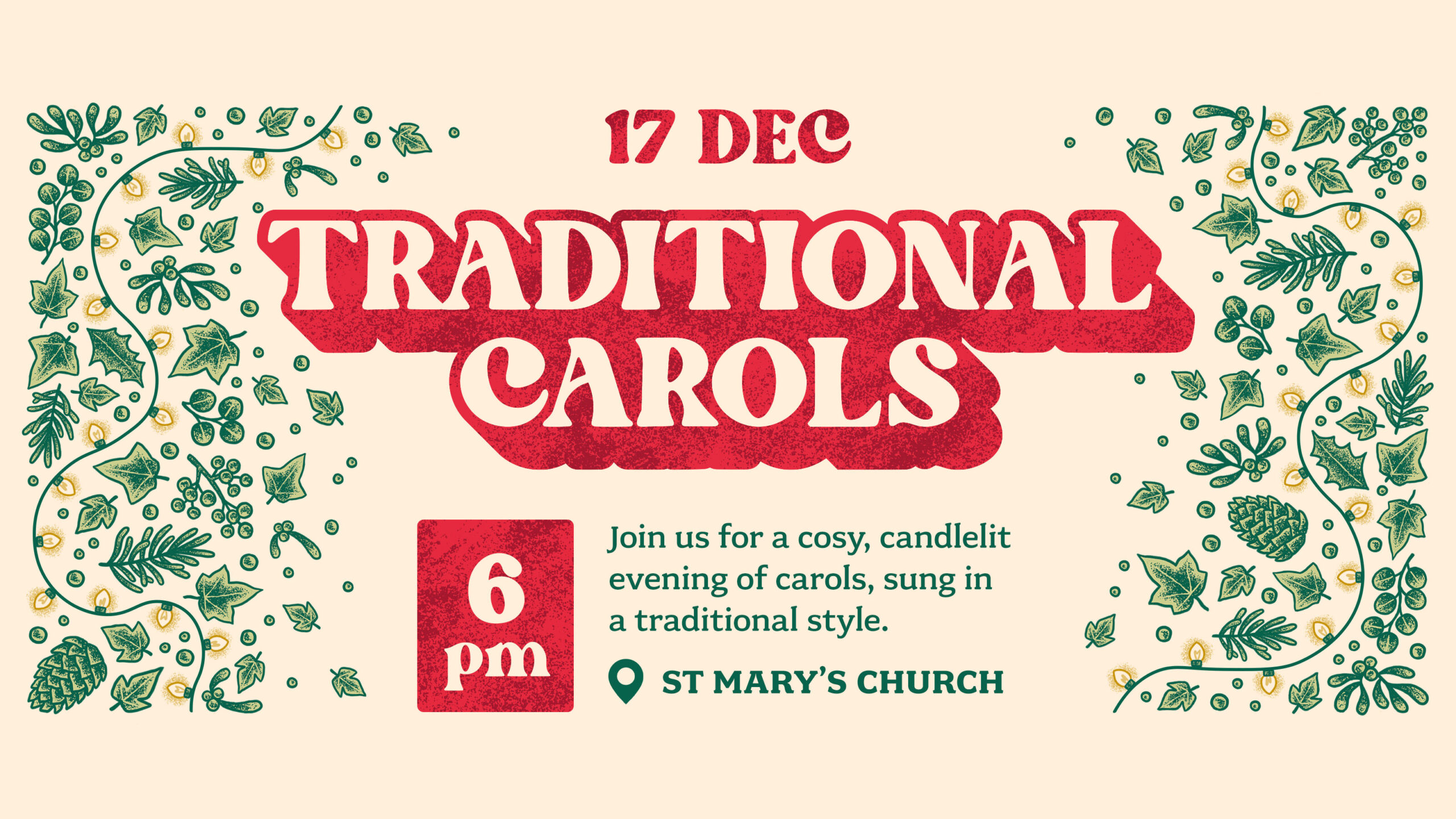 17 Dec, 6pm
Traditional Carols
Join us for a cosy, candlelit evening of carols, sung in a traditional style
St Mary's Church